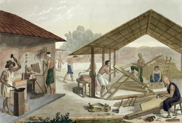 Officina di carpenteria a Kupang, Timor, tavola 6 da Le Costume Ancien et Modern di Jules Ferrario, pubblicato c.1820-30